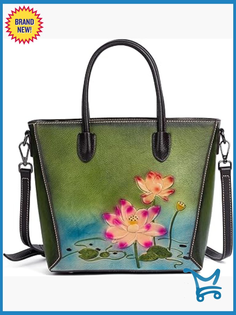 Genuine Leather Satchel Handbag With Hand-Embossed Floral Detachable Crossbody